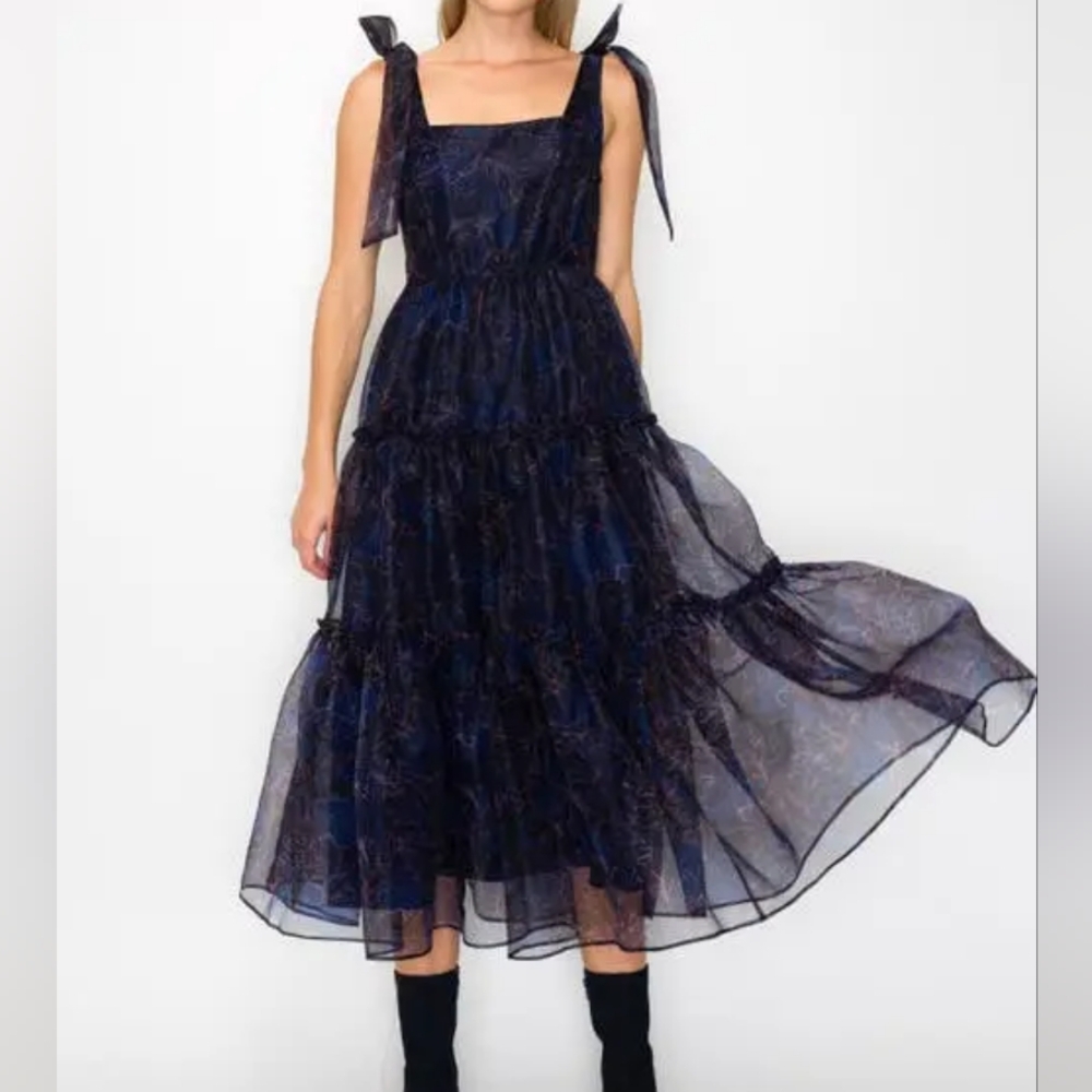 Melloday tiered floral midi dress midnight blue sz M;  L BNWT